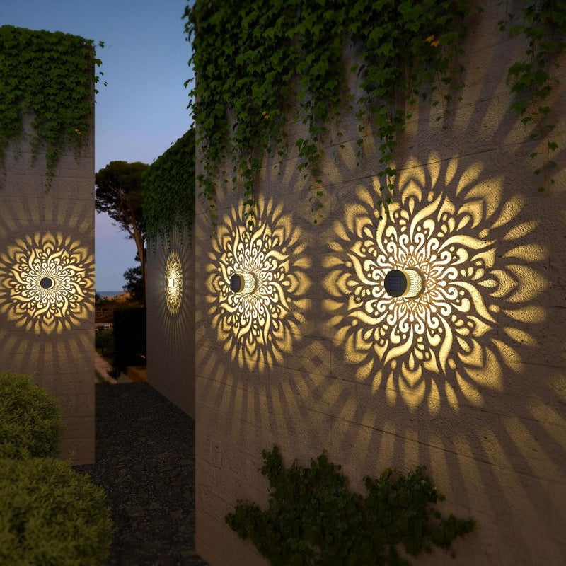 gardencave 4 حزمة أضواء سياج شمسية معدنية تعمل بالطاقة الشمسية أضواء خارجية للجدران والسلالم بتصميم ماندالا مقاومة للماء لأضواء سياج حديقة البوستات فناء الديكور (4 حزمة) - Image 2